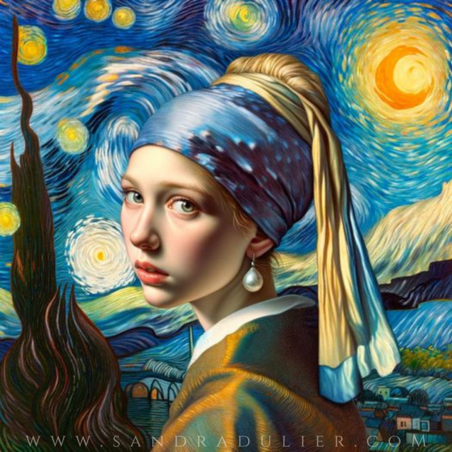 Interprétation en collage mixte entre "La Jeune fille à la perle" de Johannes Vermeer et "La Nuit étoilée de Vincent Van Gogh. 
