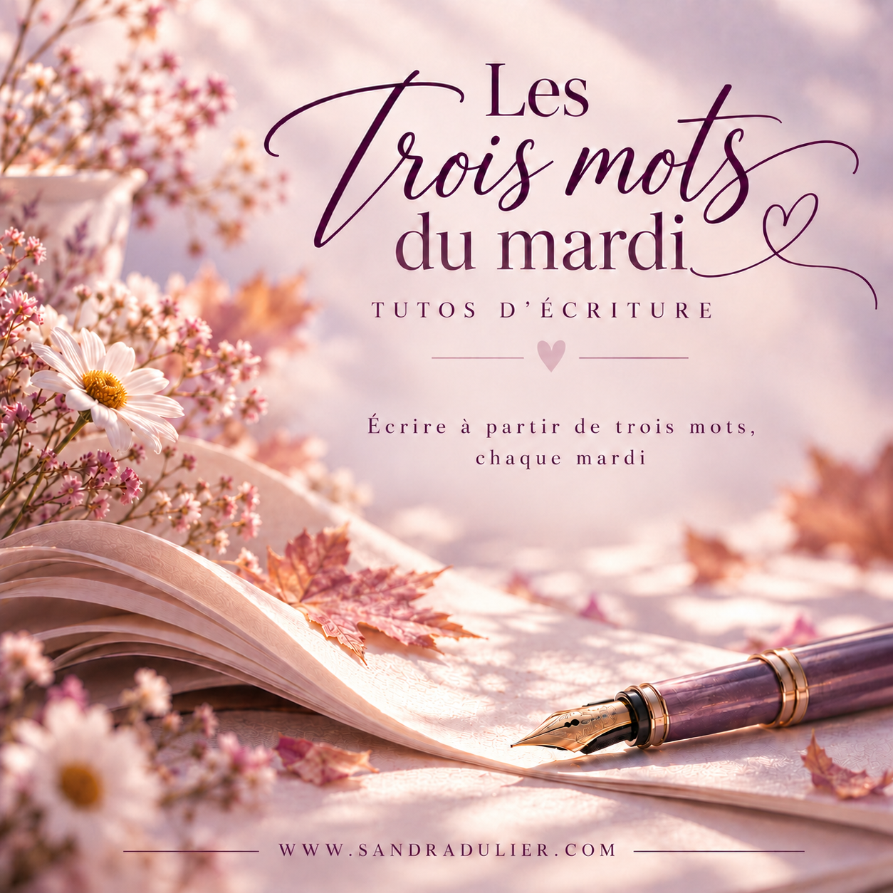 Logo de la newsletter « L'Art de vivre en funambule » de Sandra Dulier, représentant un funambule sur un fil au-dessus des nuages et un pissenlit mauve aux aigrettes envolées.
