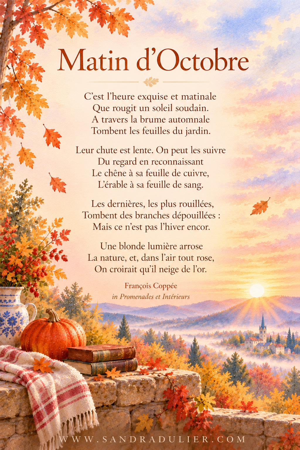 © Sandra Dulier — Création visuelle assistée par intelligence artificielle, sous la direction artistique de Sandra Dulier. Matin d'Octobre — François Coppée