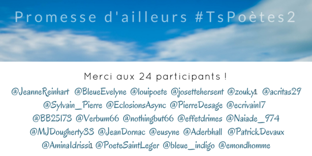 Découvrir le poème réalisé à partir des tweets proposés par les 24 participants de notre belle Francophonie pour le défi #TsPoètes2 sur http://www.sandradulier.com/blog/promesses-d-ailleurs-le-poeme-tspoetes2.html