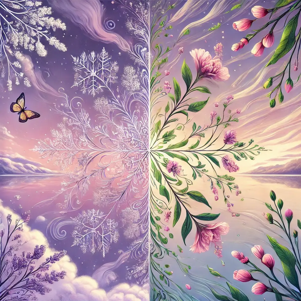 Une illustration artistique qui reflète un jeu de miroir poétique entre l'hiver et le printemps. La moitié supérieure de l'image représente de délicats flocons de neige tourbillonnant dans un doux ciel lavande, évoquant l'imagination et la tranquillité. La moitié inférieure offre une transition harmonieuse vers un printemps vibrant, avec des fleurs en boutons et des feuilles vertes fraîches ondulant dans une douce brise, symbole d'inspiration. Le reflet entre ces deux moitiés crée une symétrie poétique parfaite, avec des dégradés doux qui harmonisent le changement des saisons. Les couleurs, associées à des tons mauves et orchidées, créent une atmosphère onirique et poétique, en harmonie avec une esthétique littéraire.