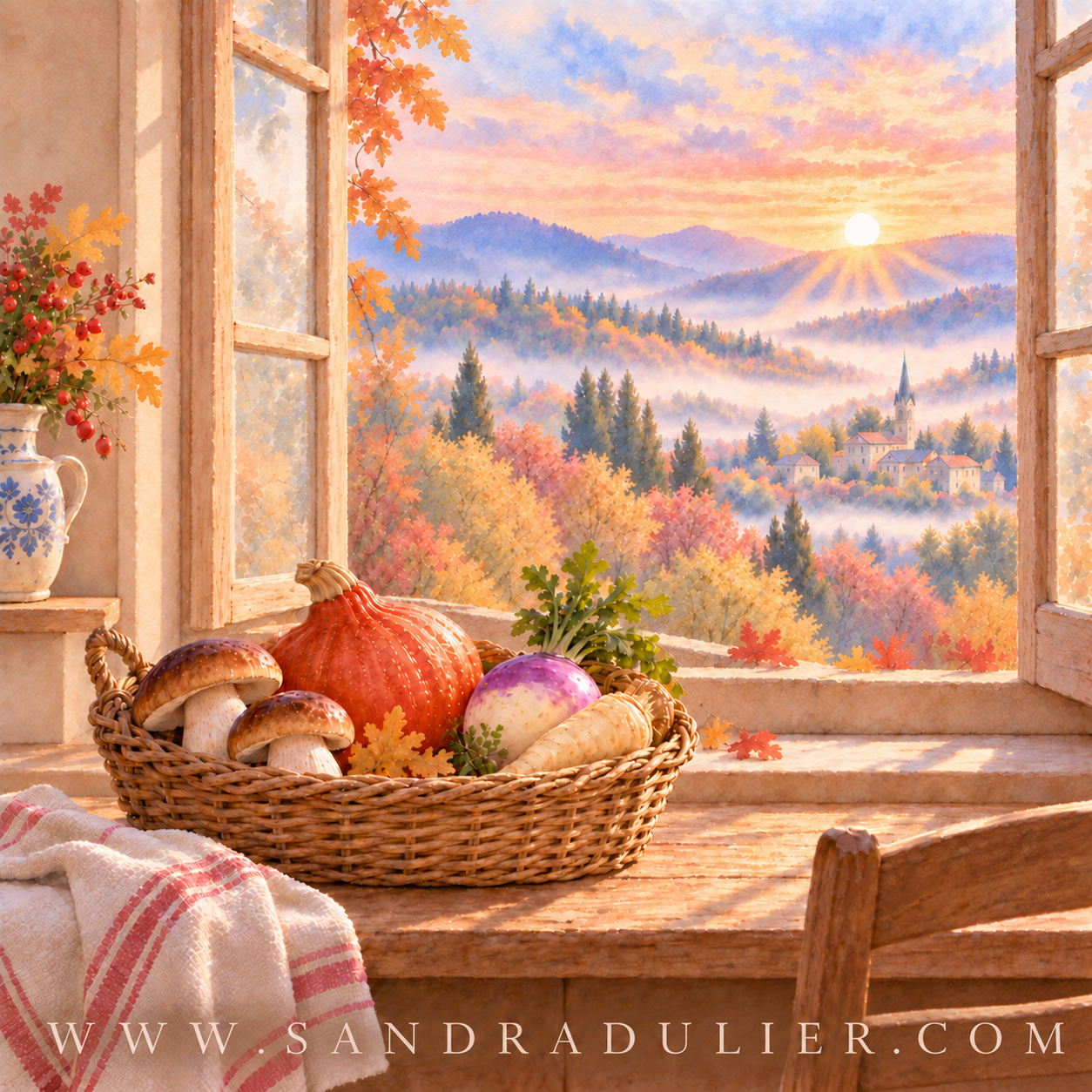 © Sandra Dulier — Création visuelle assistée par intelligence artificielle, sous la direction artistique de Sandra Dulier. Octobre inspiration automne cuisine paysage