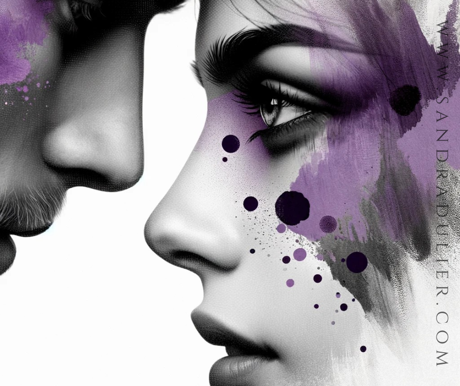 Dans cette image, vous voyez un couple représenté dans un style artistique monochrome avec des éclats de peinture violette. Leur proximité et le regard direct qu'ils partagent indiquent une connexion intime et intense. L'utilisation de la couleur violette, souvent associée à la royauté, la spiritualité et la passion, ajoute une dimension émotionnelle à l'oeuvre, accentuant l'union des deux figures. L'effet des taches de peinture donne une impression de mouvement et de spontanéité, suggérant une dynamique vive et expressive dans leur relation.